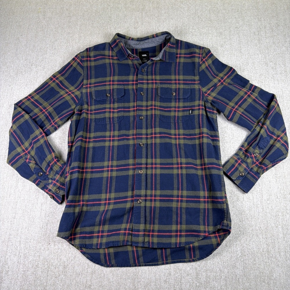Vans Flannel Shirt Men Small Blue Green Plaid Classic Fit Long Sleeve Button Up